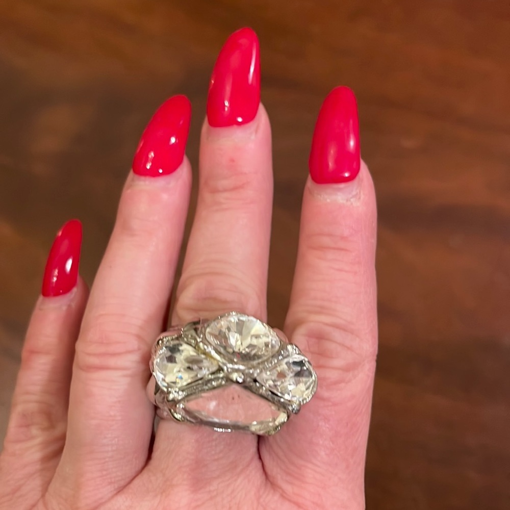Big silver faux diamondS cocktail ring